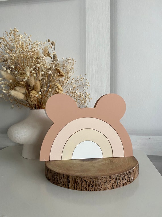 Teddy bear nursery decor, wooden stacking, nursery decor, unisex nursery decor, nude beige white rainbow, baby shower gift, stacking rainbow