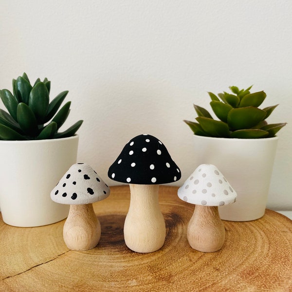 Set of 3 mini mushroom toadstools boys unisex girls bedroom decor black white grey shelf decor room accessories  bedroom boys decor nordic