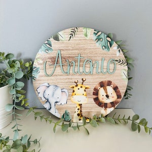 Lion jungle circle door plaque animal theme bedroom personalised name sign door wall hanging, boys girls nursery nursery giraffe elephant