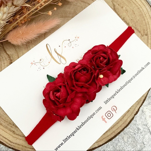 Fascia per capelli, fascia rossa, fascia per bambini, fascia per fiori rossi, supporto per servizio fotografico, capelli da sposa, fascia per battesimo