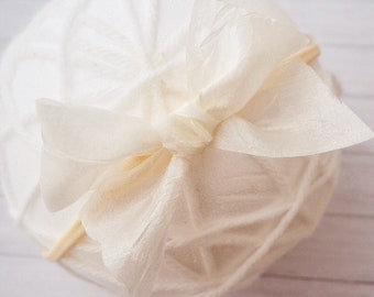 Cream tie bow, ribbon bow, silk bow, baby bow, baby headband, photo shoot headband, wedding hair, christening band, cake smash prop,