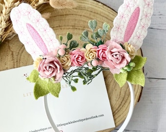 Bunny ears headband, baby headband, flower headband, pink hair bow, photo shoot prop, easter headband,