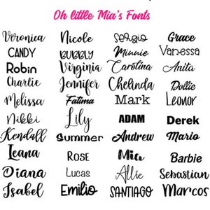 Peut inclure: Un tableau de diff&eacute;rentes polices de caract&egrave;res, avec des noms comme Veronica, Candy, Robin, Charlie, Nicole, Bubbly, Virginia, Jennifer, Fatima, Lily, Summer, Rose, Lucas, Emilio, Sergio, Minnie, Carolina, Chelinda, Mark, Adam, Andrew, Mia, Allie, Santiago, Grace, Vanessa, Anita, Dollie, Leonor, Derek, Mario, Barbie, Sebastian et Marcos.