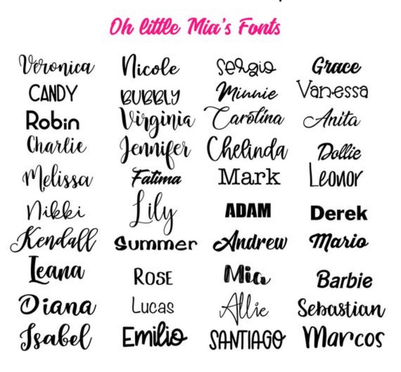 Peut inclure: Un tableau de diff&eacute;rentes polices de caract&egrave;res, avec des noms comme Veronica, Candy, Robin, Charlie, Nicole, Bubbly, Virginia, Jennifer, Fatima, Lily, Summer, Rose, Lucas, Emilio, Sergio, Minnie, Carolina, Chelinda, Mark, Adam, Andrew, Mia, Allie, Santiago, Grace, Vanessa, Anita, Dollie, Leonor, Derek, Mario, Barbie, Sebastian et Marcos.