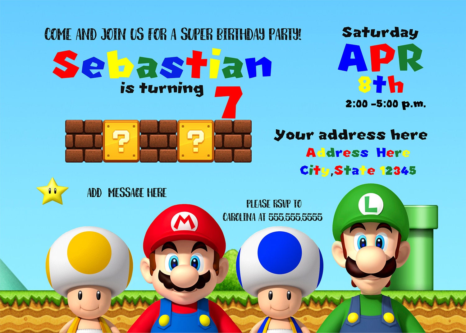 Super Mario Invitation Invitation Danniversaire Super Mario Etsy France