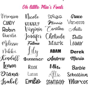 Puede incluir: Un gr&aacute;fico de diferentes fuentes con nombres como Veronica, Nicole, Sergio, Grace, Minnie, Vanessa, Candy, Bubbly, Robin, Virginia, Carolina, Anita, Charlie, Jennifer, Chelinda, Dollie, Melissa, Fatima, Mark, Leonor, Nikki, Lily, Adam, Derek, Kendall, Summer, Andrew, Mario, Leana, Rose, Mia, Barbie, Diana, Lucas, Allie, Sebastian, Isabel, Emilio, Santiago y Marcos.