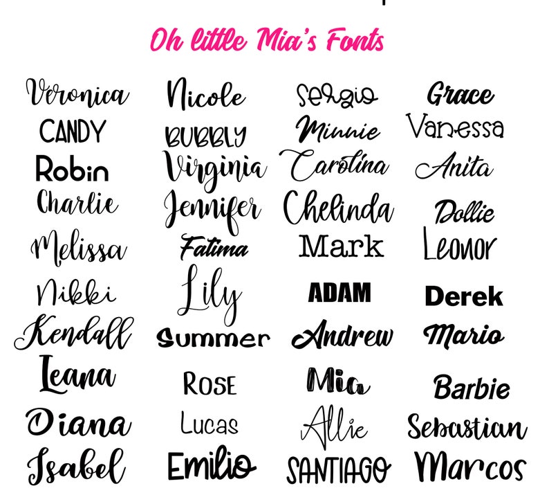 Puede incluir: Un gr&aacute;fico de diferentes fuentes con nombres como Veronica, Nicole, Sergio, Grace, Minnie, Vanessa, Candy, Bubbly, Robin, Virginia, Carolina, Anita, Charlie, Jennifer, Chelinda, Dollie, Melissa, Fatima, Mark, Leonor, Nikki, Lily, Adam, Derek, Kendall, Summer, Andrew, Mario, Leana, Rose, Mia, Barbie, Diana, Lucas, Allie, Sebastian, Isabel, Emilio, Santiago y Marcos.
