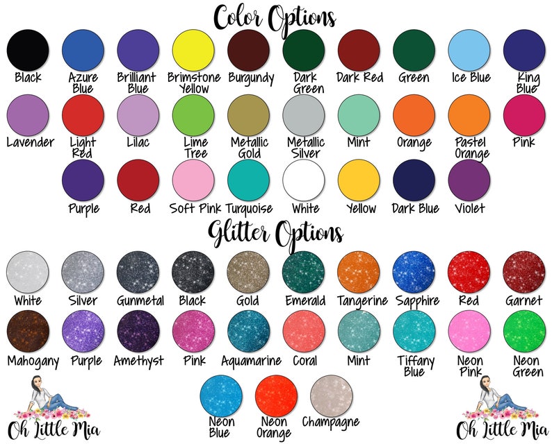 Peut inclure: Tableau de couleurs et de paillettes avec 36 &eacute;chantillons de couleurs et 36 &eacute;chantillons de paillettes. Les couleurs comprennent le noir, le bleu azur, le bleu brillant, le jaune soufre, le bordeaux, le vert fonc&eacute;, le rouge fonc&eacute;, le vert, le bleu glacier, le bleu roi, la lavande, le rouge clair, le lilas, le vert citron, l'or m&eacute;tallique, l'argent m&eacute;tallique, la menthe, l'orange, l'orange pastel, le rose, le violet, le rouge, le rose p&acirc;le, la turquoise, le blanc, le jaune, le bleu fonc&eacute; et le violet. Les couleurs de paillettes comprennent le blanc, l'argent, le bronze, le noir, l'or, l'&eacute;meraude, la tangerine, le saphir, le rouge, le grenat, l'acajou, le violet, l'am&eacute;thyste, le rose, l'aigue-marine, le corail, la menthe, le bleu Tiffany, le rose n&eacute;on et le vert n&eacute;on. Le tableau comprend &eacute;galement le texte "Oh Little Mia" en bas.