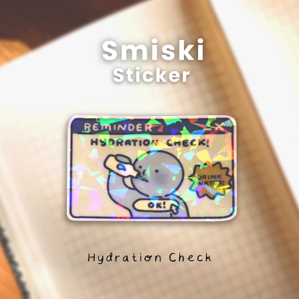 Silly and Cute Hydration Check Blue Smiski Sticker | Glow-In-The-Dark Holographic Broken Glass Lamination Stickers