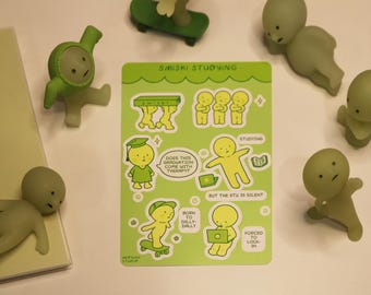 Silly and Cute Meme Studying Smiski Sticker Sheet | 4x6in Vinyl Sticker Sheets