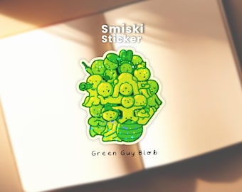 Silly and Cute Green Guy Blob Smiski Sticker | Glow-In-The-Dark Holographic Broken Glass Lamination Stickers