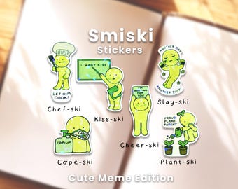 Silly and Cute Meme Smiski Stickers | Glow-In-The-Dark Holographic Broken Glass Lamination Stickers