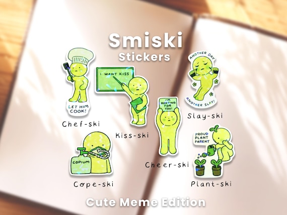 Silly and Cute Meme Smiski Stickers | Glow-In-The-Dark Holographic Broken Glass Lamination Stickers