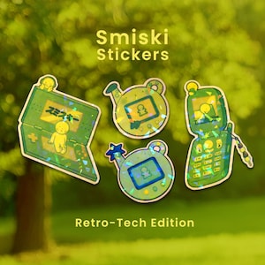 Retro-Tech Smiski Stickers | Glow-In-The-Dark Holographic Broken Glass Lamination Stickers