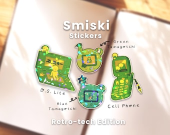 Retro-Tech Smiski Stickers | Glow-In-The-Dark Holographic Broken Glass Lamination Stickers