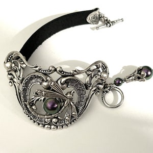 Antique Silver Dragonfly and Black Leather Bracelet Silver Bracelet Toggle Bracelet Antique Silver leather bracelet Vintage Antique Silver