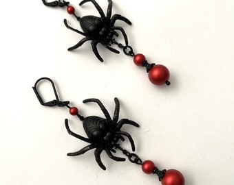 Black and Red Spider Dangle Earrings Halloween spider earrings Gothic Spider Earrings Black and Red insect earrings