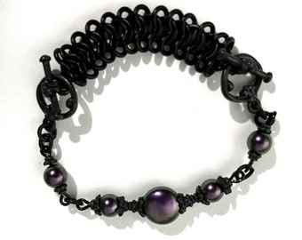 Reversable Black and Purple Pearl Victorian Toggle Bracelet Black Bracelet Black double Toggle Bracelet Black Alternative Bracelet