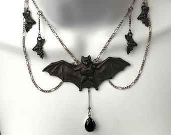 Black Hanging Bat Necklace Black and Silver Bat Necklace Halloween Necklace Gothic Necklace Silver and Black Bat Necklace Brass Bat Necklace