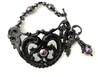 Black and Purple Swarovski Victorian Toggle Black Bracelet Black and Purple Bracelet Black Alternative Goth Bracelet Black Cuff Bracelet