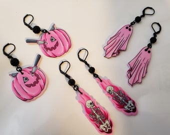 Halloween Black and Pink Earrings with Rhinestone beads Gothic Black and Pink Earrings Horror Pink and Black Earrings
