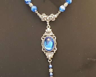 1928 Antique Silver and Blue Necklace Victorian Vintage Silver and Blue Necklace with Tassle