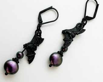Irridescent Purple Swarovski Pearl and Black Bat Dangle Earrings Purple Pearl Earrings Gothic Bat Dangle Earrings