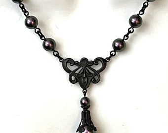 Purple  Swarvoski Irridescent Pearl Necklace with Black chain Purple and black necklace purple pearl necklace