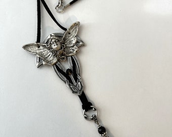 Art Nouveau Antique Silver and Black Butterfly Lady Pendant Necklace Antique Gohic Lady Necklace  Lady Necklace Silver and Black Necklace