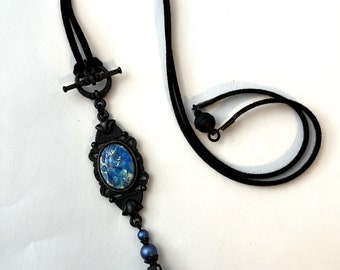 Black and Blue Fire Opal Necklace Victorian Necklace Black and Blue Necklace Blue Toggle Necklace Black and Blue Swarvoski Necklace