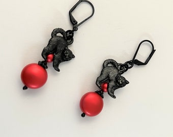 Red Swarovski Coin Pearl and Black Cat Dangle Earrings Red Pearl Earrings Gothic Cat Dangle Earrings Cat Halloween Earrings