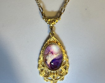 Gold and Purple Victorian Pendant Necklace Purple and Gold Pewter Necklace 22k Gold Dipped Pewter 1928 Jewelry Company