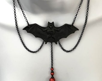 Bat Necklace Black and Red Bat Necklace Victorian Bat Chain Necklace Halloween Necklace Widows Web Choker Gothic Bat Necklace Scary necklace