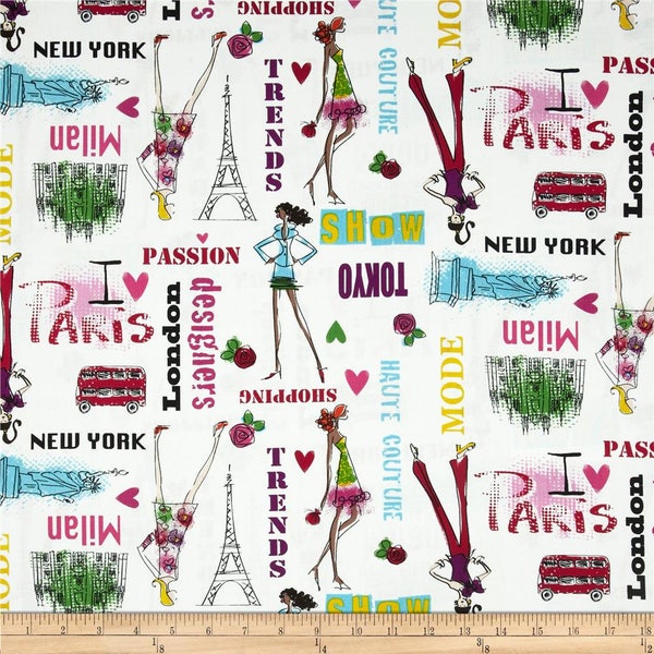 Kanvas Jet Set Jet Setters White Fabric Paris Theme Fabric Paris Novelty Fabric Designer Fabric Famous Cities Fabric