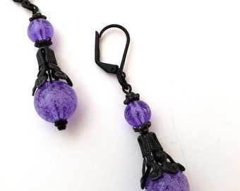 Vintage Black Victorian Earrings with Purple Champagne Bubble Beads Black and Purple earrings Black brass and purple