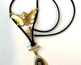 Black and Gold Art Nouveau Winged Lady Pendant Necklace Black and Gold Gothic Butterfly Lady Necklace Victorian Lady Necklace Black and Gold