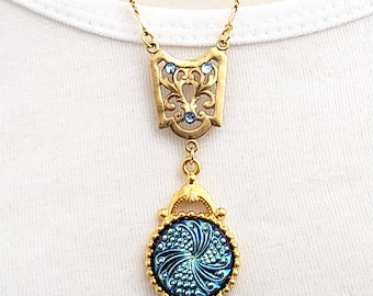 1928 Vintage Style 22k Gold Dipped Necklace with Stunning Light Blue Czech Glass Cabochon