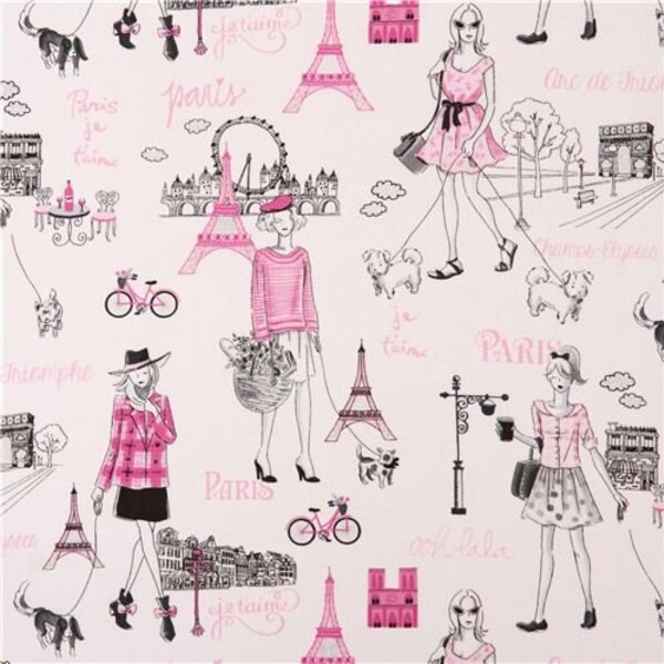 Timeless Treasures Glitter Paris Ladies Fabric Paris Girls Fabric Paris Glitter Fabric White and Pink Paris Fabric Novelty Paris Fabric