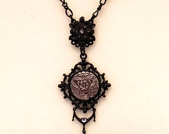 Black and Lilac Purple Pendant necklace with rare 1928 setting and  Lovely Czech Glass Cabochon Setting