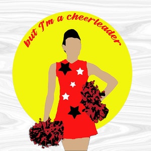Könnte beinhalten: Ein rot-schwarzes Cheerleader-Kostüm mit weißen Sternen. Die Cheerleaderin hält zwei rot-schwarze Pompons. Der Text "but I'm a cheerleader" ist in einem Kreis um die Cheerleaderin geschrieben.