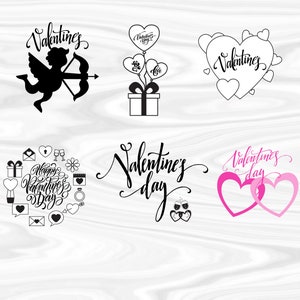 May include: A set of six Valentine's Day themed digital designs featuring a cupid with a bow and arrow, a heart with the text "Valentines" inside, a heart with the text "Valentines Day" inside, a circle of Valentine's Day themed icons, the text "Valentine's Day" in cursive, and two hearts with the text "Valentines Day" inside.