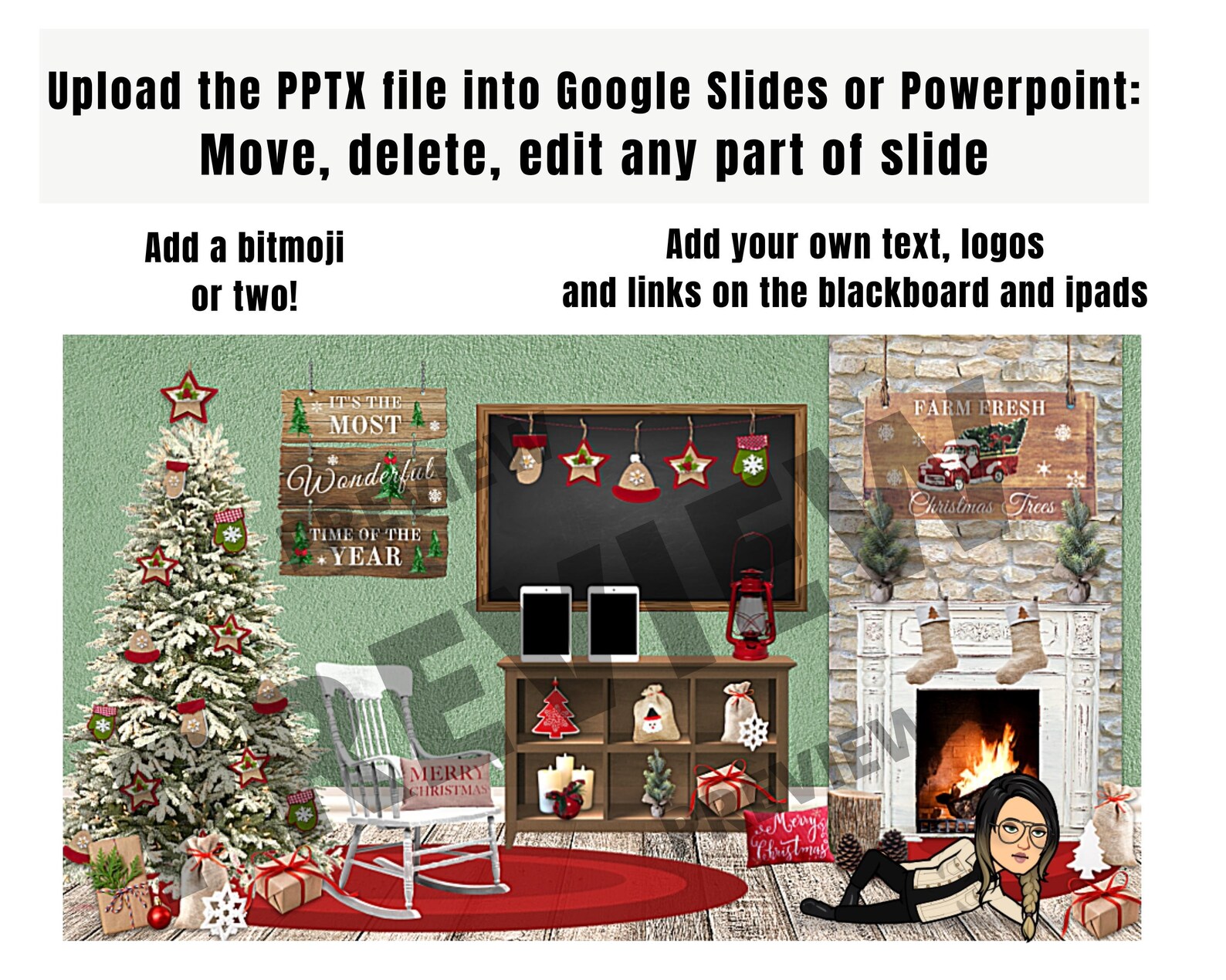 Christmas Holiday Bitmoji Classroom Farmhouse Editable Virtual