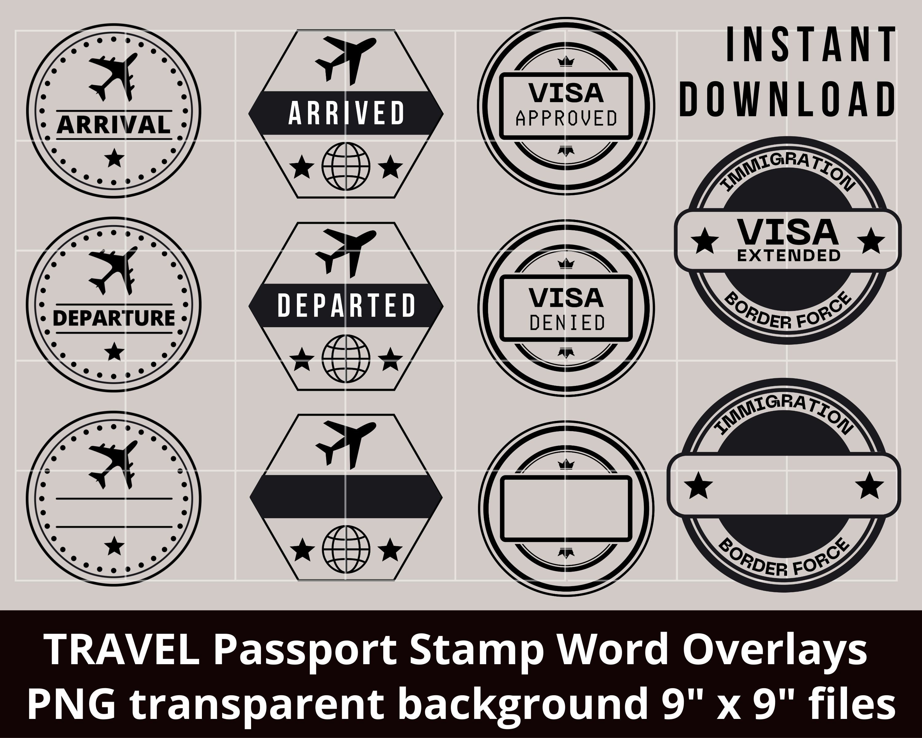 Printable and Digital Overlay Word Art PNG Travel Passport Stamps Word
