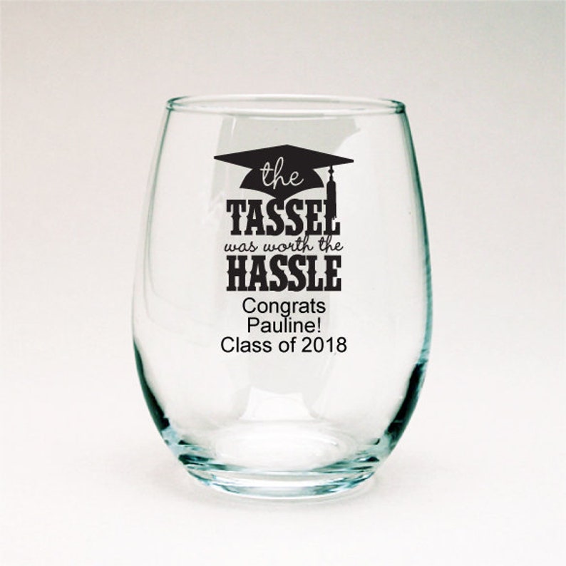 PPD-JM454323B The Tassel is Worth The Hassle Graduation Personalized 9oz Stemless Wine Glass Graduation Favor 24 pcs