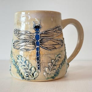 Dragonfly Mug, Handmade Pottery, Botanical Ceramic Cup