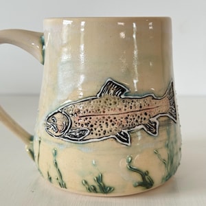 Handmade Pottery trout Mug, underwater  fish Design