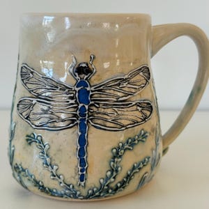 Dragonfly Mug, Handmade Pottery, Botanical Ceramic Cup