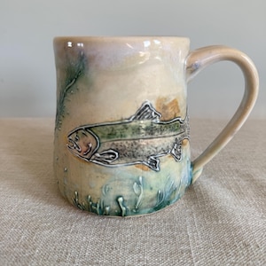 Handmade Pottery trout Mug, underwater  fish Design