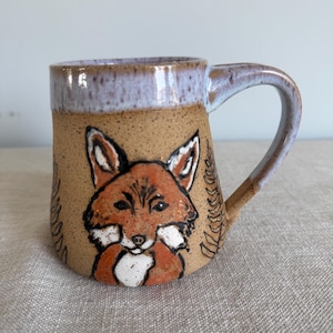 Handmade Pottery fox Mug, Botanical Forest Design