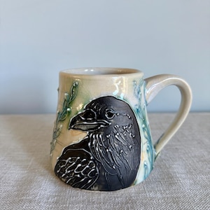 Handmade Raven Pottery Mug, Whimsical Bird Art Coffee Cup